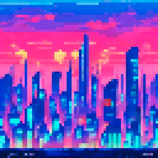 A towering, neon-lit skyscraper rises above a sprawling, pixelated cityscape with a vibrant, sRGB color scheme, all set against a starry, futuristic background reminiscent of a sci-fi landscape
