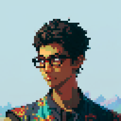 Southeast Asian man, short curly hair, glasses, tanned