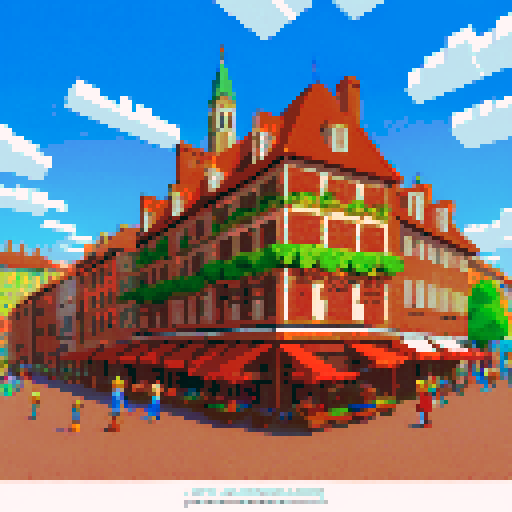 Tall brick buildings with red roofs and chimneys, cobblestone streets lined with colorful market stalls, people in modern clothes chatting and buying fresh produce, a car passing by, 4 bell towers in the background, all depicted in pixel art with vibrant sRGB colors