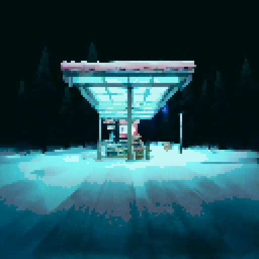 black sky with twinkling stars, gas station at night casting light on the snow, empty void