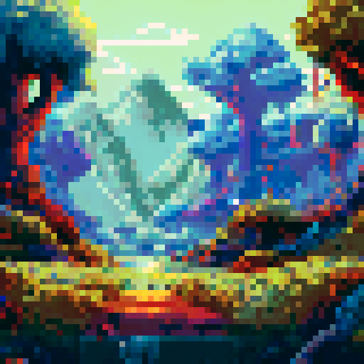 Troll with mossy fur lurking in a dense, misty forest surrounded by towering trees and a rugged mountain range in the background, all rendered in a vibrant sRGB pixel art style