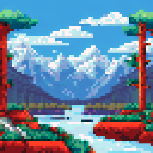Snow-capped peaks towering over a forest of pine trees, with a river snaking through the foreground in a pixelated, sRGB-style landscape