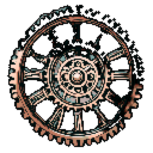 I want a copper gear that looks like it was made by a master clockmaker. It should have strange mechanical details that could interlock with each other. I also want this object usable an asset in a videogame, meaning only one object per image, outlined with a strong black stroke, on a solid-color background.