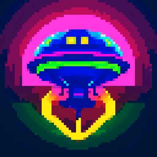 UFO with vibrant neon lights, rendered in pixel art with a limited sRGB color palette