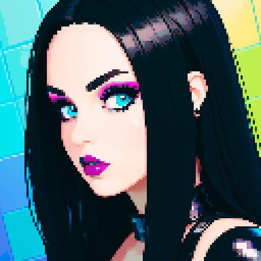 curvy, busty goth girl, face portrait, close up, glamour shot, leather bikini, modern tile backsplash, vivid colors, pixel art, sRGB