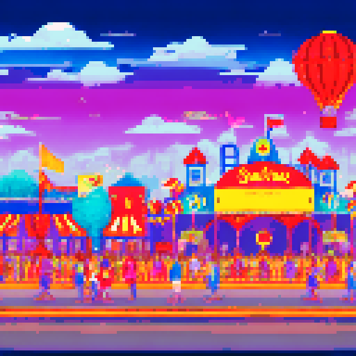 wide shot amusement park, vibrant colors, bustling crowds, whimsical carousel, towering roller coaster, neon signs, ferris wheel in motion, candy-colored stalls, swirling cotton candy, children with balloons, animated characters, pixelated fireworks illuminating the night sky, pixel art style, sRGB color profile