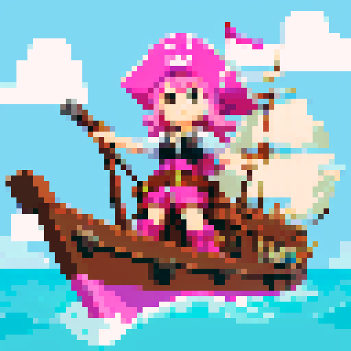 female pirate captain with pink hair, white frilly shirt, and captain's hat, holding flintlock pistols, on the bow of her ship, looking defiant against sinister albatrosses, crabs, and deep sea creatures, pixelated in vibrant sRGB colors