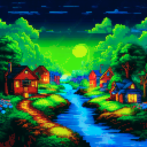 night, pastoral village with multiple houses, one has lights on inside 