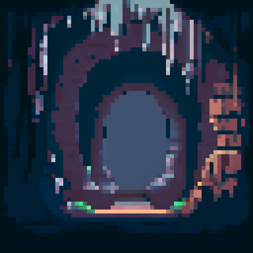 Dark, damp cave with uneven walls and stalactites, ancient inscriptions and drawings on the walls, deep rock extension, faint light revealing hidden tunnel, pixel art, sRGB