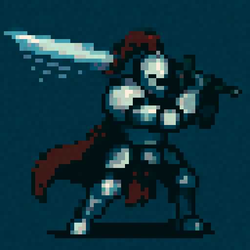 Knight in silver armor, giant two-handed sword, standing pose, sword raised, horizontal swing, motion blur, sword recoil, 64x64 resolution, 8-bit style, steel blue, crimson, charcoal, eggshell, sRGB, pixel art