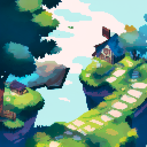 A scenery from high elevation down to a serene farm village and fields during autumn