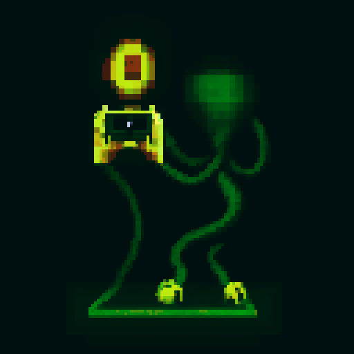 Pixel art portrait of a tentacled alien photographer, capturing vividly grotesque images with their vintage camera in hand.