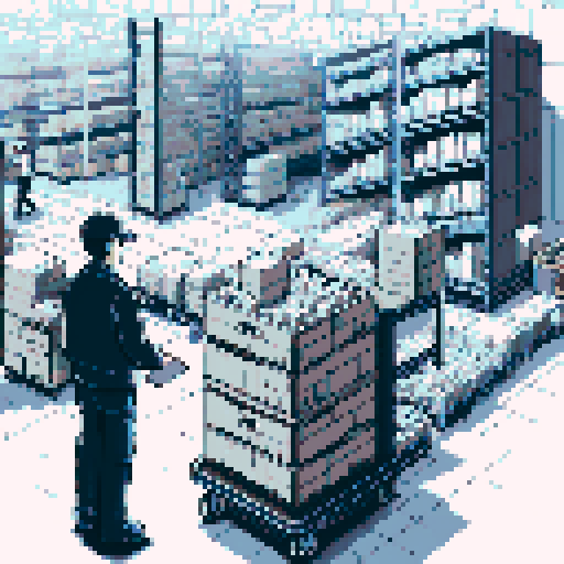Bustling warehouse scene, central figure diligently working at a workstation. Left: overflowing trolley with assorted boxes, unique labels and markings hinting at global journey of goods Right: conveyor belt humming with activity, methodically transporting boxes Pixel art, sRGB style