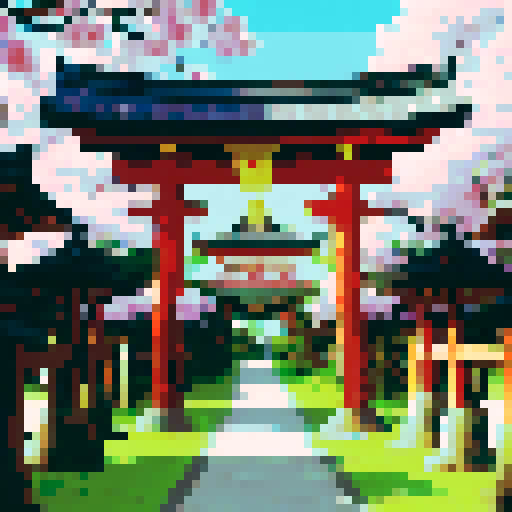 golden shinto shrine, shinto gate, golden gate, majestic and towering, adorned with intricate golden decorations and trim, set against a breathtaking pixel art background depicting a serene and vibrant landscape, with a shimmering golden chest nestled at its base