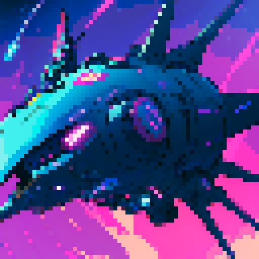 futuristic spaceship hovering, rocky planet beneath, vibrant sky swirling with neon hues, game icon inspired, sRGB, pixel art