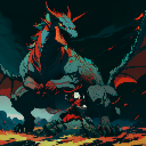 red dragon, fiery scales, sharp claws, fierce expression, towering presence, detailed pixel art, vibrant colors, textured scales, intricate patterns, glowing eyes, majestic wings, powerful tail, smoke billowing from nostrils