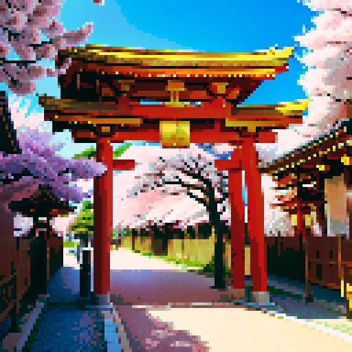 Golden shinto shrine, vibrant cherry blossom trees, traditional architecture with intricate details, shinto torii gate adorned with golden decorations, a pixel art golden cuboid positioned behind the gate, golden lanterns illuminating the scene in sRGB colors