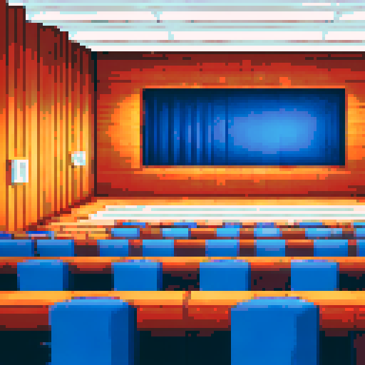 Cozy lecture hall with pixel art, sRGB, subtle colors, classy background, landscape