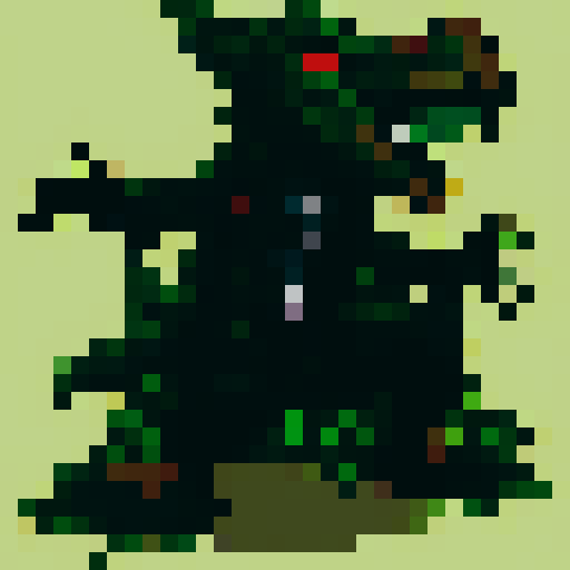 Pixelated crocodile warrior soldier fiercely charges through a swampy battlefield, brandishing a sharp toothed sword and sporting a scaly suit of armor.
