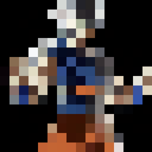 Create a 60x60 pixel art of Goku, with accurate features: spiky hair, orange and blue suit. It should mimic the anime’s style, resembling classic 8-bit video game art and be highly recognizable.