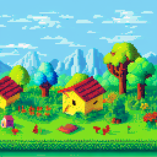 small apiary, beekeeper tending hive, isometric style, sRGB, pixel art, English countryside, vibrant colors, lush landscape, buzzing bees, quaint wooden hives, dappled sunlight, blooming wildflowers, rolling hills, thatched roof cottage, idyllic scenery, peaceful ambiance