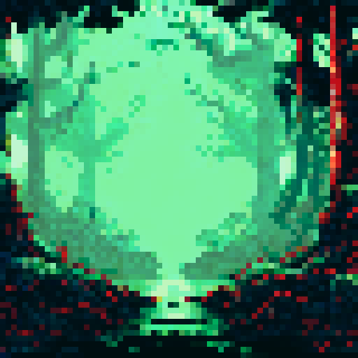 Hauntingly tall trees with twisted branches and glowing eyes peering out from the darkness, looming clouds with flashes of lightning, and a thick fog creeping across the pixelated moonlit landscape