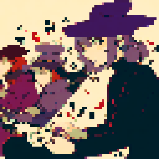 A group of adventures gather around a campfire telling stories to eachother. The male warrior is leaning forward, on hand resting in his lap, the other raised up in a jovial manner as he regales the tales of his travels. The female wizard, whom is rather voluptuous, keeps to herself as she reads her book of spells in one of her hands, the other playing with a little flame wick. The wizards legs are crossed  under her long violet dress, her big rimmed hat resting stop of her head.