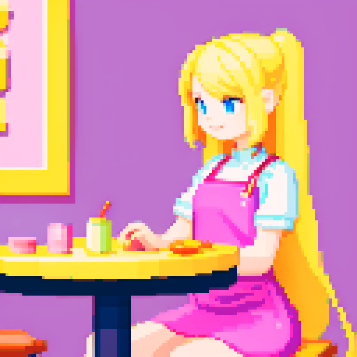 A girl with long blonde hair, pink apron, and a friend with short brown hair, sitting at a table in a nail salon, surrounded by vibrant pixel art, showcasing a playful and colorful sRGB palette