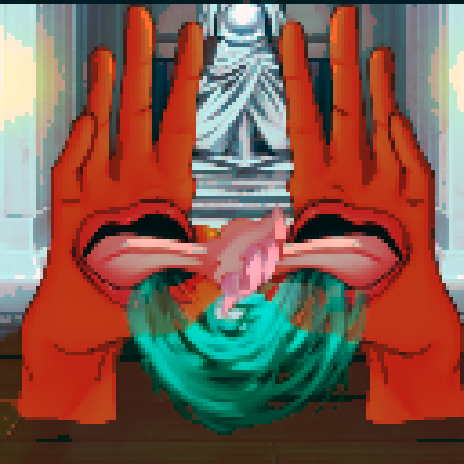 Hand monsters with a mouth and entwined tongue and saliva