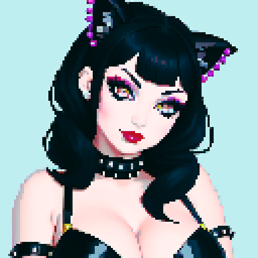 Goth woman, curvy, cute goth cat girl face, black hair, purple eyeshadow, red lipstick, studded leather, woman face portrait, glamour shot, vibrant sRGB colors, pixel art