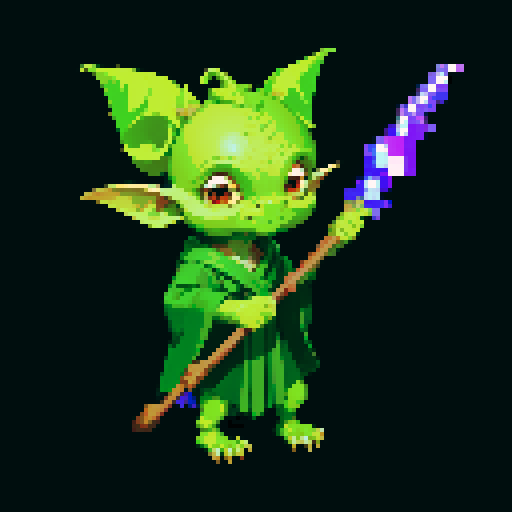 A nature-connected goblin with leafy robes, a wooden staff, and an aura of natural magic. It has wise eyes and a calm expression, with nature spirits swirling around it. No background.
