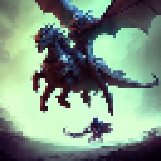 An armored knight on a majestic horse, charging towards a towering dragon with shimmering scales and glowing eyes, amidst a misty forest with twisted trees and glowing mushrooms.