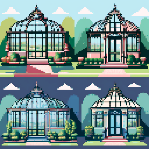 Grid of 4 illustrations of Victorian conservatories in pretty gardens