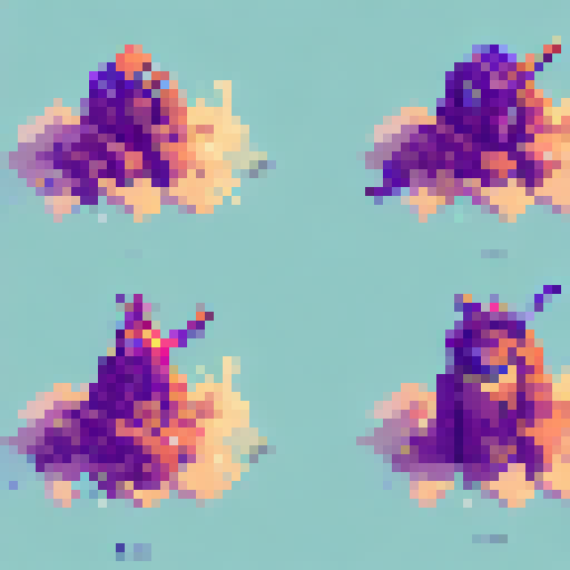 Adventurer sprite sheet, featuring a bold and daring hero with a sword and shield, in the style of Celeste's charming pixel art, viewed from a top-down perspective, set against a shadowy backdrop, with plenty of dynamic and fluid animation frames to bring the character to life.