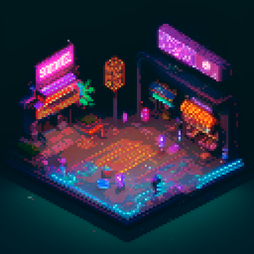 Isometric 2D cyberpunk street scene, vibrant neon lights, futuristic storefronts with glowing neon signs, reflective wet pavement, cybernetic-enhanced pedestrians, high-tech vehicles, mage girl floating in center, serene pose, fusion of mage robes and cyberpunk aesthetics with glowing runes, mystical aura amidst technology, focus on dynamic lighting and detailed environment