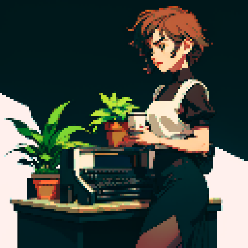 Minimalist office desk with a vintage typewriter, a cup of coffee, and a potted plant, all rendered in soft, muted colors against a sleek, black background in a pixel art lofi style