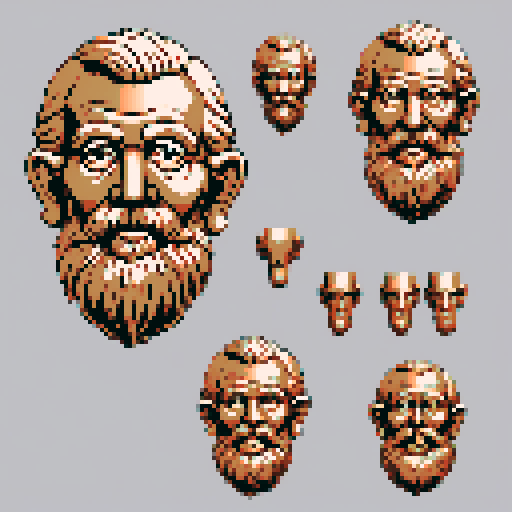Mechanical pieces for a wall-mounted copper mechanical old man's face. It should have a big mustache and be reminicient of a door knocker's face. It should be seen as if on a wall, with no perspective, on a solid-color background. There should one be two or three pieces in each frame, it shouldn't be complete.
