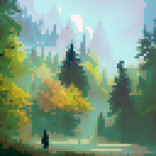 Misty, mysterious forest with towering trees, where the leaves are shades of gold and crimson, and a lone traveler walks with a lantern illuminating the path ahead in a dreamy, watercolor style.