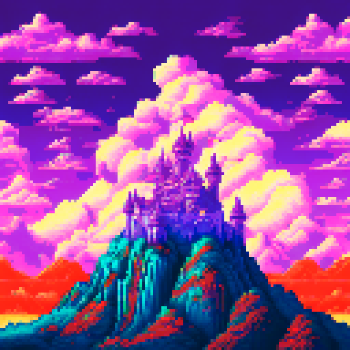Dark castle on a jagged island shrouded in ominous purple light, while a lighter castle on a smooth island glows with a warm yellow hue, both racing through a mystical portal in a pixelated sRGB landscape