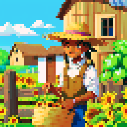 cute African American male farmer with dreads and a straw hat, pixel art, sRGB, vibrant colors, flourishing crops, cheerful sunflowers, bustling farm animals, rustic wooden fences, tranquil countryside, picturesque barn, bountiful harvest, idyllic farm life