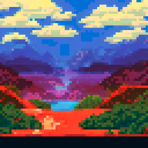 Barren wasteland, desolate mountains, jagged rocks, dry cracked earth, arid cacti, abandoned ruins, fading sunset, pixelated sand dunes, sRGB colors, pixel art, detailed background, vast landscape