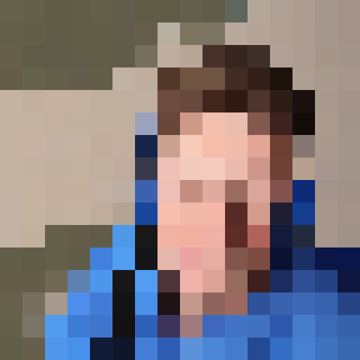 A portrait of a guy with blue eyes, a blue headphones and short white hair, background is sky blue