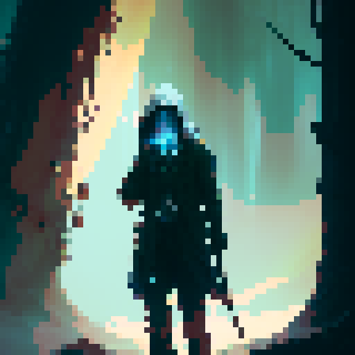 Hooded figure, gliding through foggy forest, wielding a mystical staff and adorned with glowing runes, surrounded by flickering orbs of light