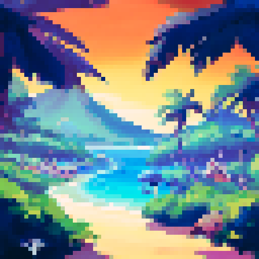 Palm trees sway over the white sandy shore as colorful huts rest on stilts above the crystal clear turquoise waves in a tropical island paradise.