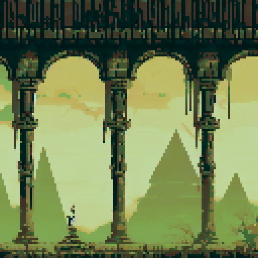 lovecraftian egyptian temple, towering, ancient, ominous, surrounded by mist, dark sky, eerie moonlight, intricate hieroglyphics, eldritch symbols, tentacle-like carvings, foreboding shadows, jagged architecture, otherworldly atmosphere, surreal landscape, in sRGB pixel art