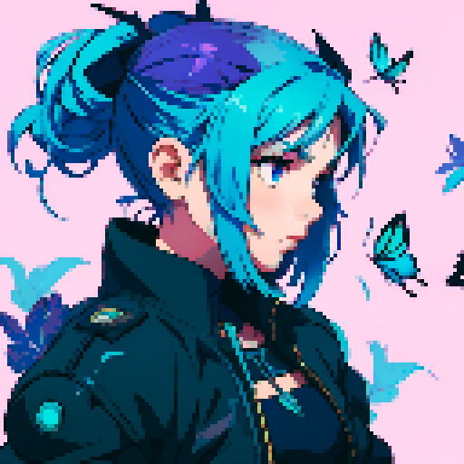Girl with blue hair, purple butterflies flying around her, teal background