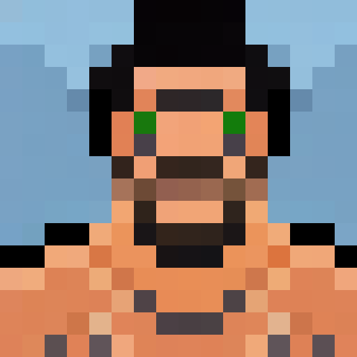 Pro wrestler with black hair, wicked grin, raised brows, bushy beard, and malevolent aura in a 16x16 pixel portrait.