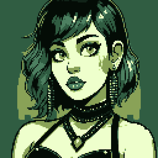 curvy, busty goth girls face, whole head portrait, black hair, purple eyeshadow, red lipstick, low black studded leather halter top, studded collar, vibrant srgb colors, edgy aesthetic