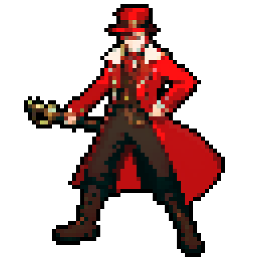 steampunk young man, red coat, red hat, 2D game stance, pixel art, sRGB