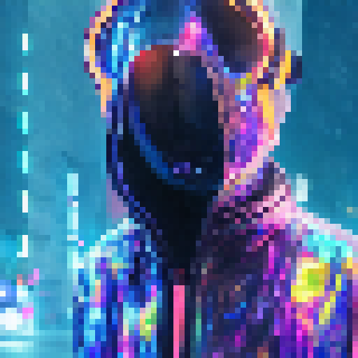 Neon-soaked alleyway, rain-soaked pavement, glitchy augmented reality ads, towering holographic skyscrapers, chrome-plated drones, and a lone figure with a cybernetic arm.